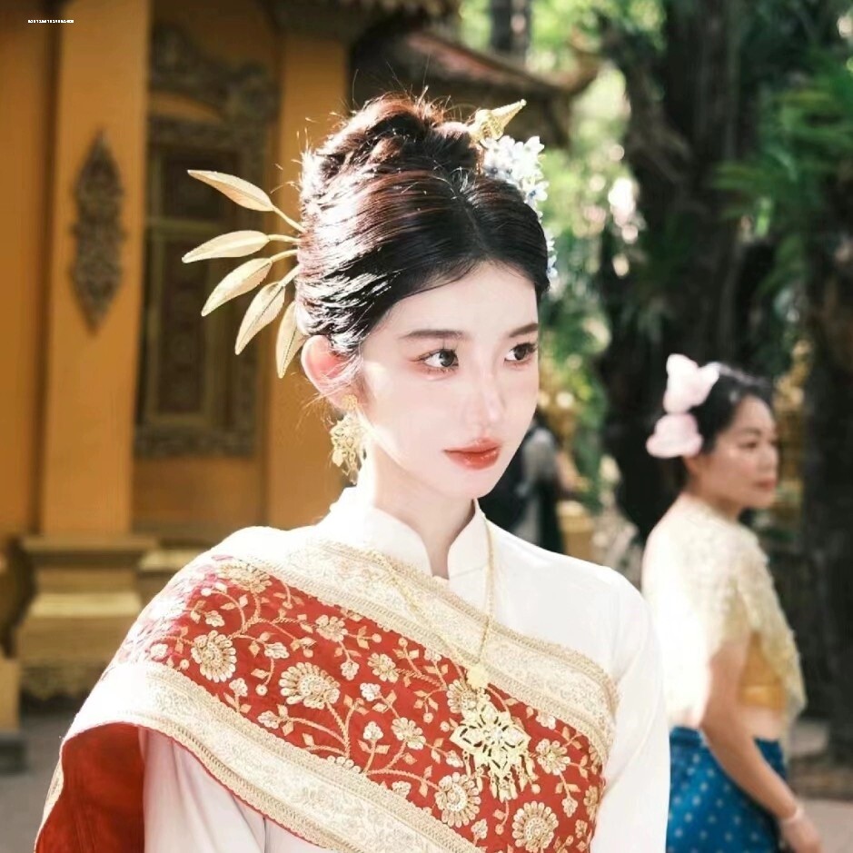 民族风发簪子合金镶钻发针复古风金色树叶子敦煌飞天头发饰品