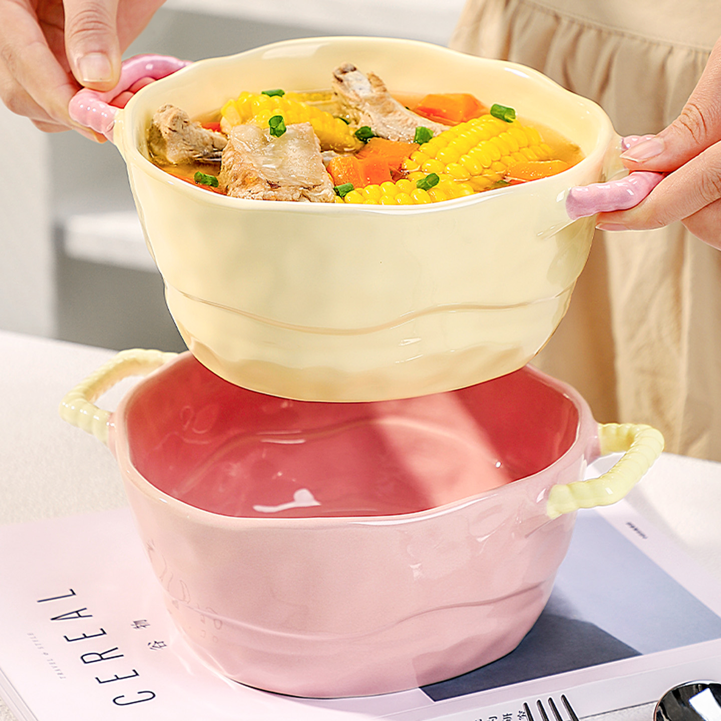 双耳汤碗家用2025新款陶瓷8.5英寸大号高颜值奶油风螺蛳粉泡面碗