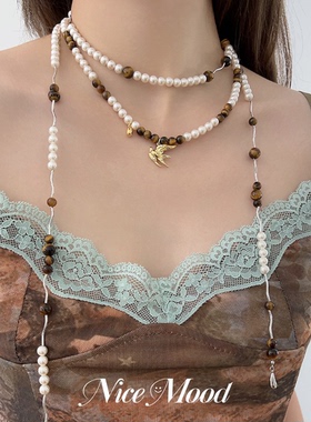 NiceMood虎眼石珍珠项链卫衣链