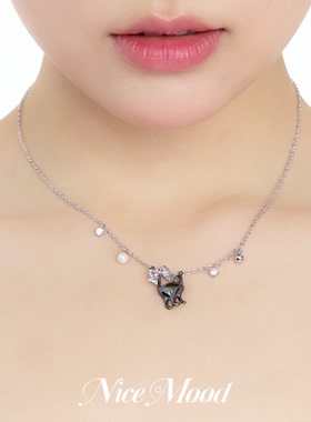 黑粉小猫蝴蝶结项链素链可爱流苏