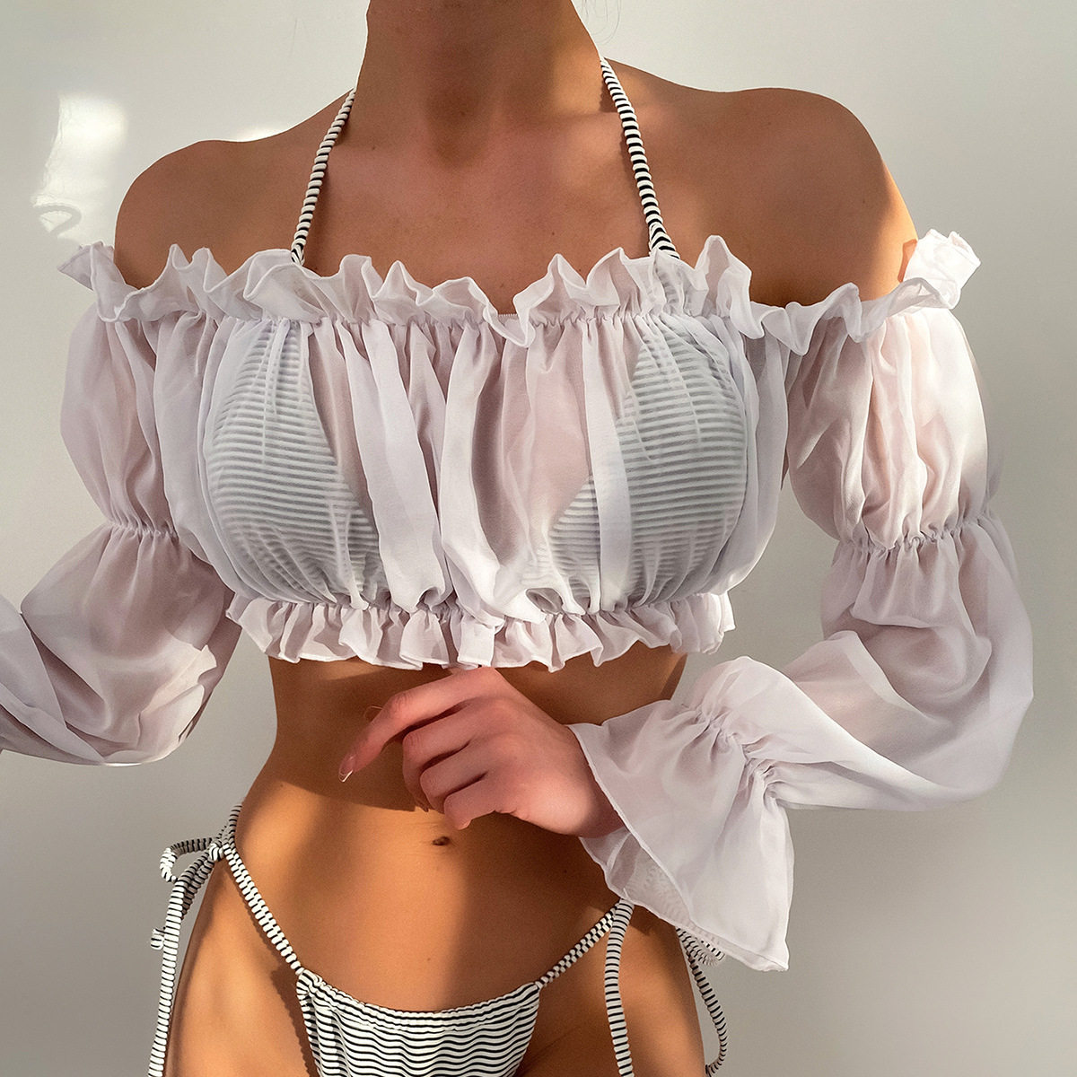 新款欧美夏季白色雪纺长袖上衣打皱罩衫沙滩泳装女Swimsuit smock