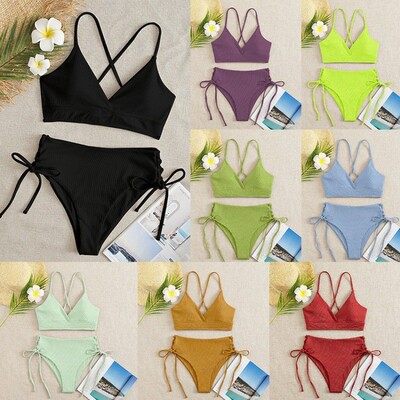 性感女士泳衣Solid-colored high-waisted tight bikini swimsuit
