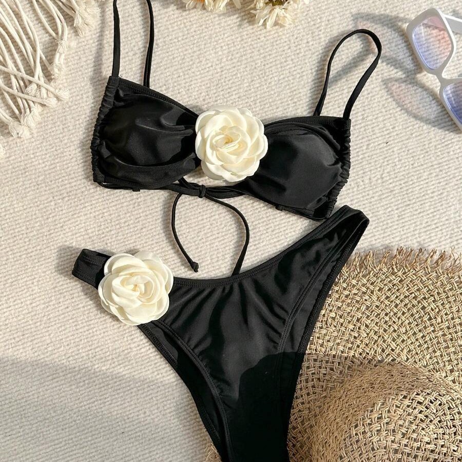 新款比基尼性感立体花抹胸高开叉纯色泳衣 Sexy strapless bikini