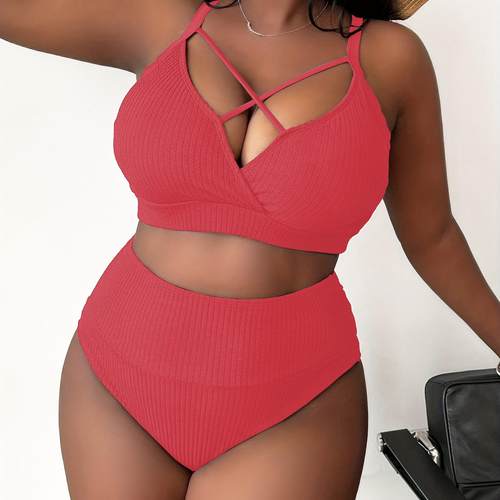 欧美加大码比基尼性感坑条面料胖MM比基尼泳衣女Plus-size bikini