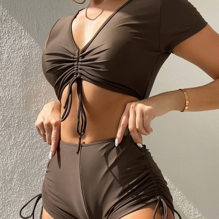 2025新款欧美抽绳v领短袖分体游泳衣女Conservative beach bikini