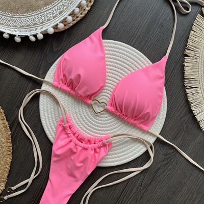 Pink heart-shaped bikini粉色爱心比基尼女套装低腰系带欧美时尚
