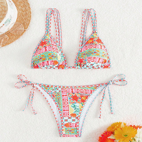Printed halter sexy bikini2025新款欧美系带分体泳衣女士高级感