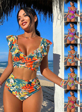 2025欧美新款分体泳衣女性感荷叶边露背 Ruffled backless bikini