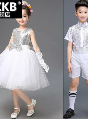 。新款白色亮片儿童演出服合唱男孩小礼服衬衫短袖英伦风女孩公主
