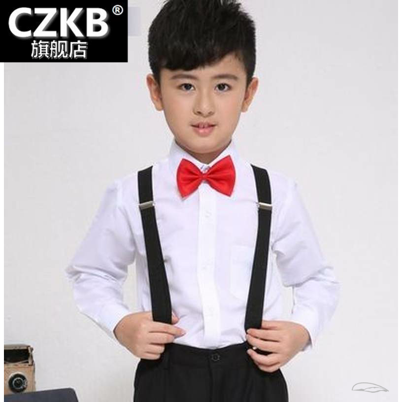 。六一男女孩白色长袖衬衫黑色西装背带裤西裤领结儿童演出服合唱