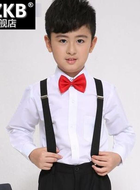 。六一男女孩白色长袖衬衫黑色西装背带裤西裤领结儿童演出服合唱