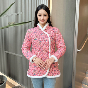 新款冬装妈妈时尚碎花加厚网红短款外套大花棉袄女装中国风