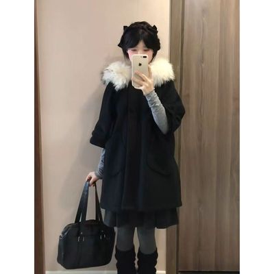 日系中古昭和少女感连帽毛领大衣设计感小众宽松中长款呢子外套女