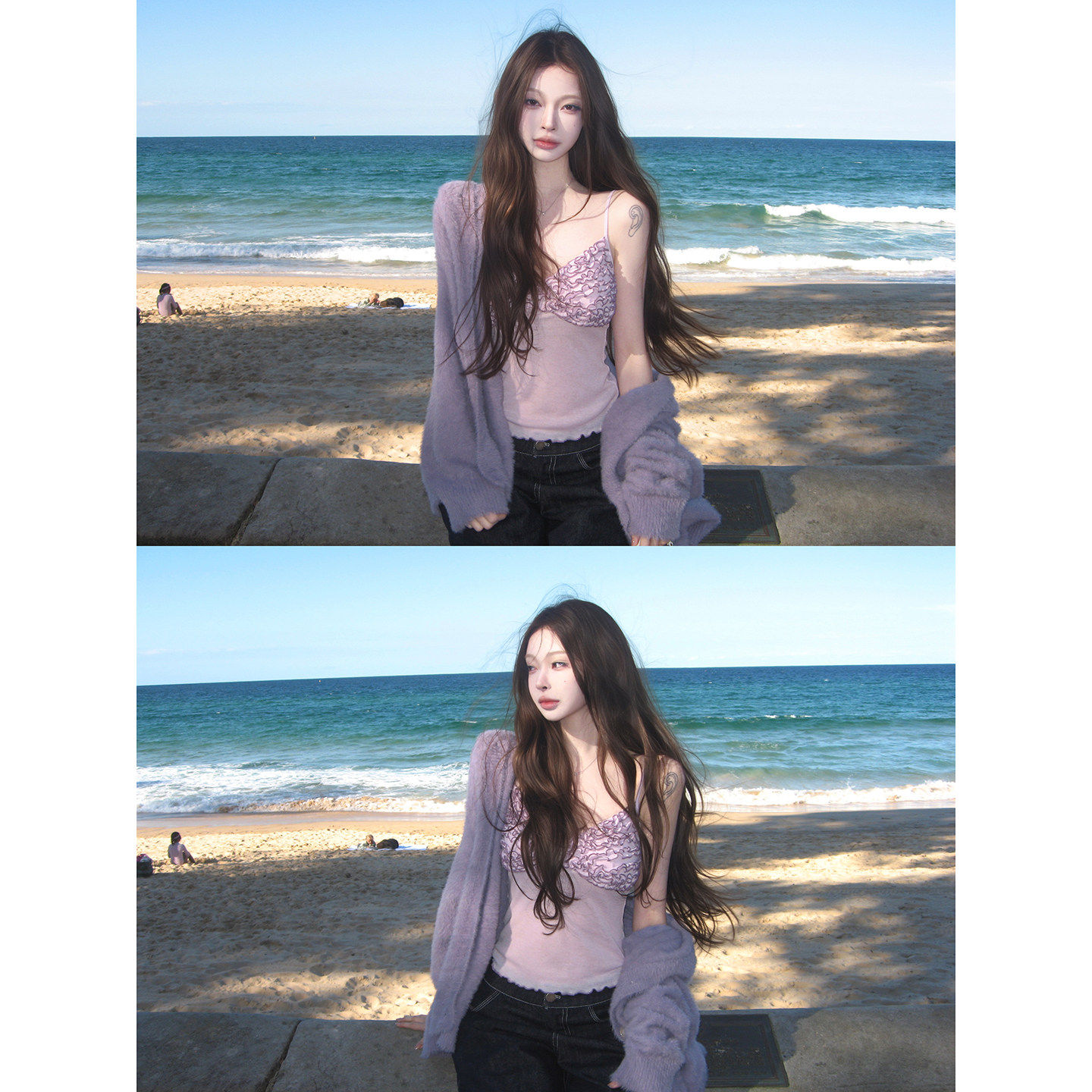 Suuuicee 铃兰香颂 纯欲宽松仿水貂毛连帽毛衣外套花边吊带两件套