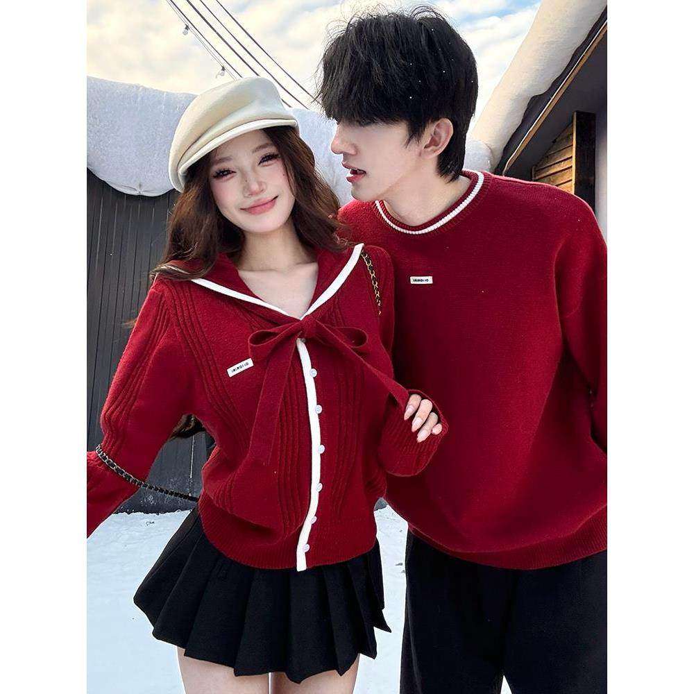 海军领情侣装学院风红色毛衣女秋冬季2025韩系新年圣诞针织衫上衣
