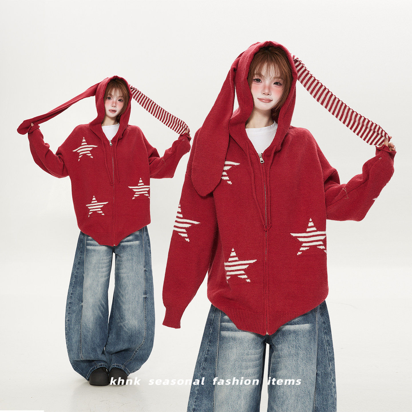 新年穿搭红色兔耳连帽针织开衫女秋冬松弛感星星提花喜庆毛衣外套