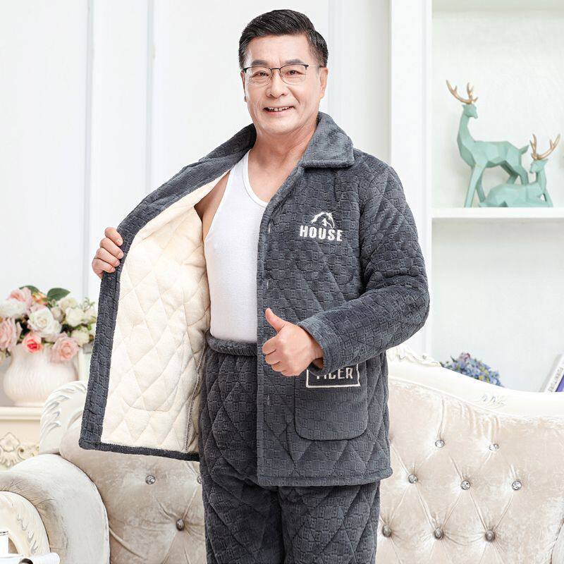 睡衣男冬季三层夹棉加厚加绒保暖法兰绒棉袄宽松中老年家居服套装