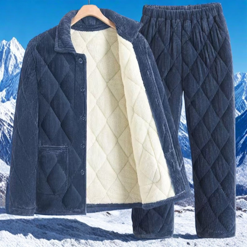 冬季男士三层爸爸夹棉睡衣加绒棉加绒加厚套装珊瑚保暖家居服