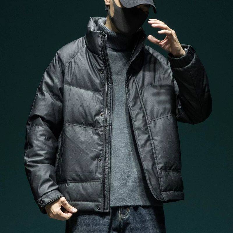 高级感老花满印皮羽绒服男士冬季新款保暖加厚立领潮流外套短款