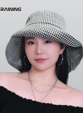 千鸟格宽檐防晒渔夫帽女度假