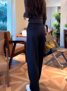 大码黑色高腰休闲弯刀裤女秋季胖MM复古垂感显瘦直筒裤牛仔裤子