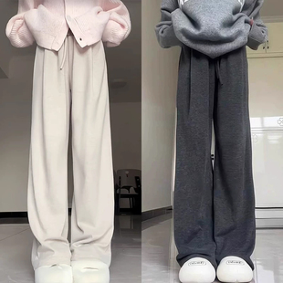子 胖mm梨形身材高腰显瘦阔腿长裤 300斤灰色糯米裤 女秋冬加绒大码