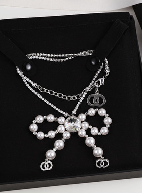 25新款时尚夸张蝴蝶结珍珠水钻项链毛衣链