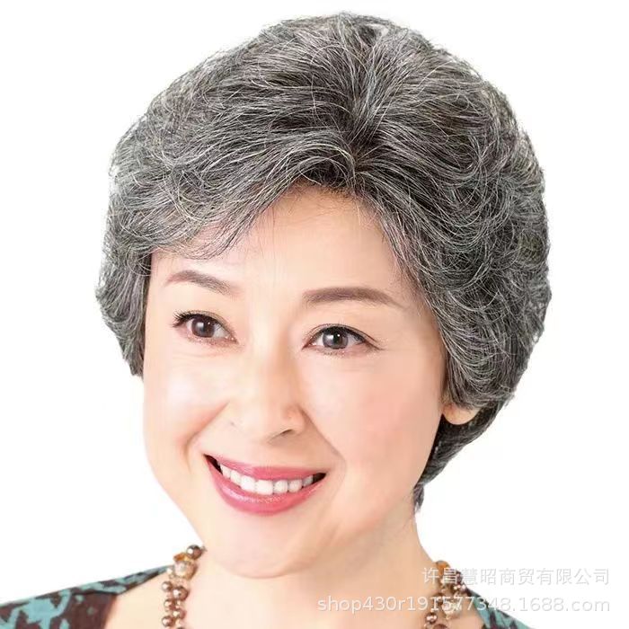 女士花白真发头发假发短卷发奶奶