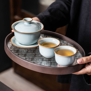 官窑三才盖碗单个高档陶瓷泡茶一碗两杯功夫茶具办公喝茶2026新款