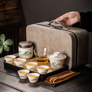 户外高档陶瓷功夫茶碗茶杯茶盘便携式 旅行茶具套装 泡茶快客收纳包