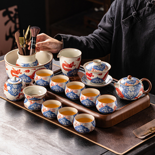 汝窑青花龙纹功夫茶具套装家用轻奢高档陶瓷泡茶壶茶杯办公室喝茶