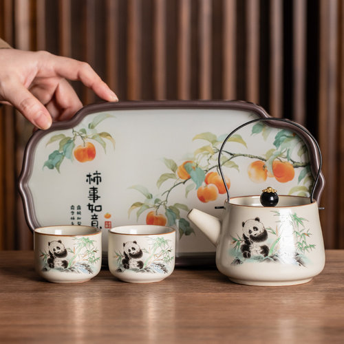汝窑熊猫一壶两杯功夫茶具套装家用高档陶瓷泡茶壶小茶杯2025新款