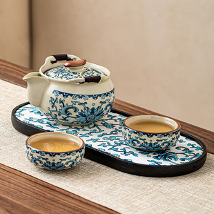 一壶两杯泡茶壶茶杯茶盘办公室喝茶2025新款 青花汝窑功夫茶具套装