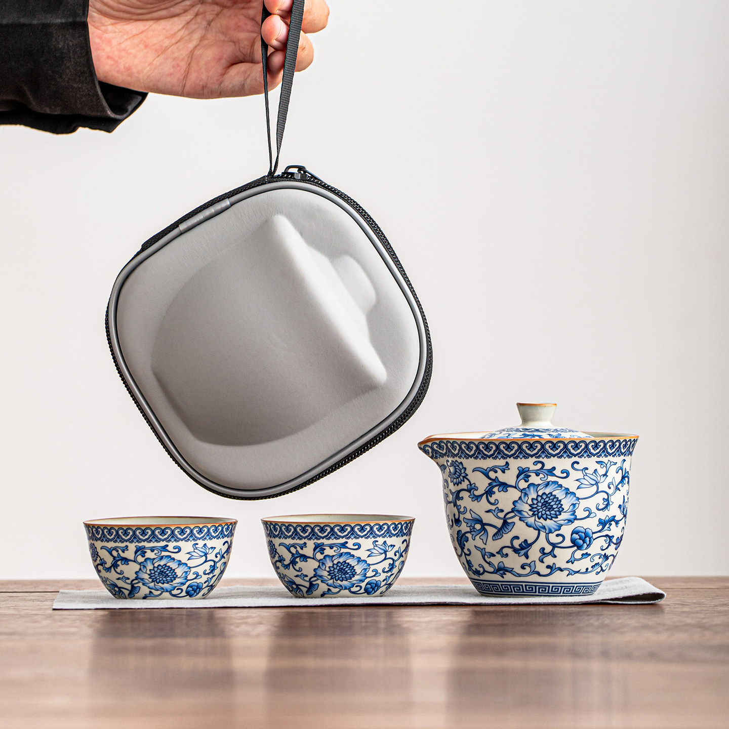 米黄汝窑繁花二才盖碗旅行茶具套装便携式收纳快客杯一壶两杯喝茶,餐饮具,旅行茶具,淘宝优惠券,粉丝福利购,淘宝优惠卷