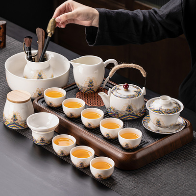 羊脂玉白瓷海浪江崖功夫茶具套装2025新款家用陶瓷泡茶壶茶杯喝茶