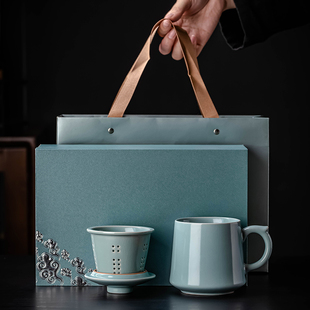 天青汝窑茶杯陶瓷办公泡茶大容量马克杯高档带盖过滤水杯子礼盒装
