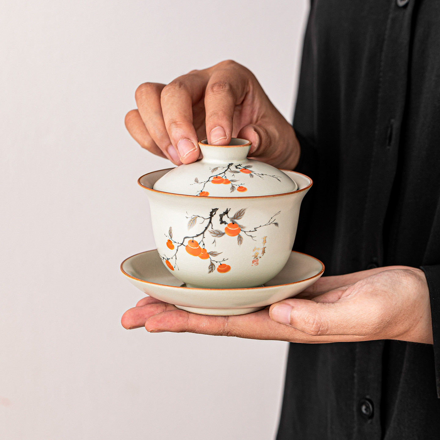 米黄汝窑柿柿如意三才盖碗单个高档陶瓷功夫泡茶碗个人专用不烫手,餐饮具,盖碗,淘宝优惠券,粉丝福利购,淘宝优惠卷