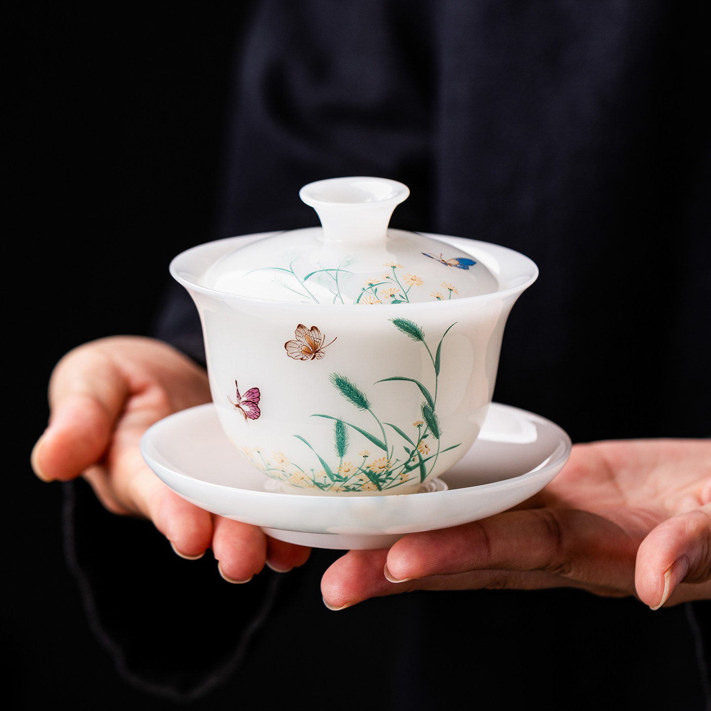 冰种璞玉三才盖碗可悬停陶瓷功夫茶具家用高档泡茶礼盒小套装新款