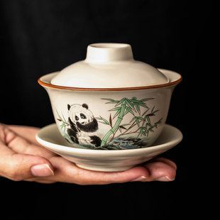 汝窑熊猫三才盖碗茶杯单个高档陶瓷泡茶碗带盖家用功夫茶具不烫手
