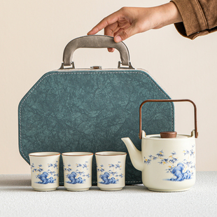 定窑提梁壶茶具套装高档陶瓷功夫泡茶壶便携手提包式收纳旅行茶具