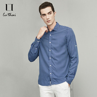 鲁泰莱赛尔面料男士条纹长袖衬衣柔滑舒适水洗休闲衬衫