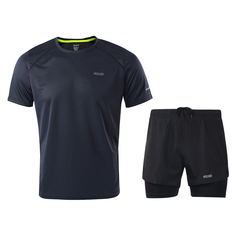 ARSUXEO夏季运动T恤男女休闲跑步骑行服套装薄款速干透气短袖衣裤