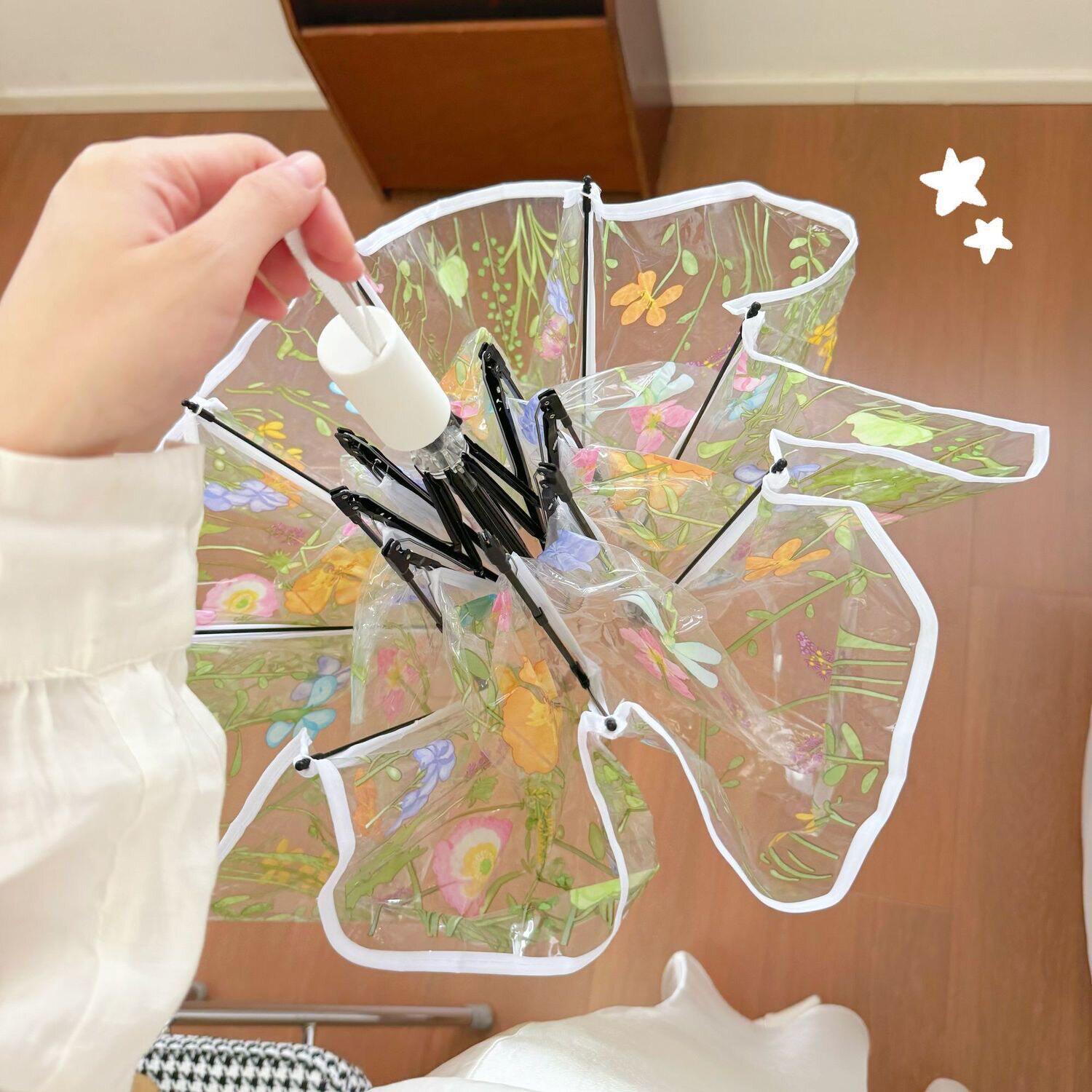森系花草全自动折叠透明雨伞学生三折手动小清新结实耐用加厚新款图片