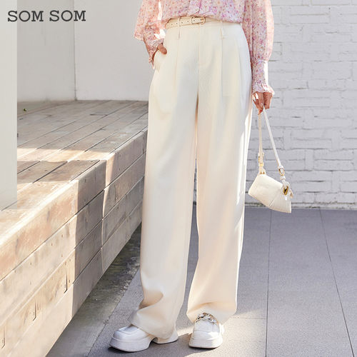 SOMSOM/索玛白色针织休闲裤女春秋垂感阔腿百搭减龄高腰显瘦长裤