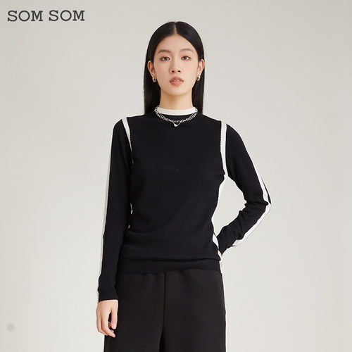 SOMSOM/索玛撞色半高领套头针织衫女秋冬设计感气质内搭打底毛衫