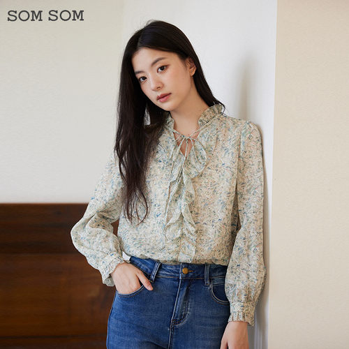 SOMSOM/索玛碎花荷叶边小衫女春秋设计感长袖打底衫V领减龄雪纺衫