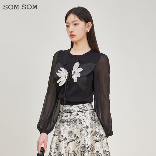 SOMSOM/索玛春季黑色花朵针织衫女蕾丝拼接泡泡袖高级感圆领毛衫