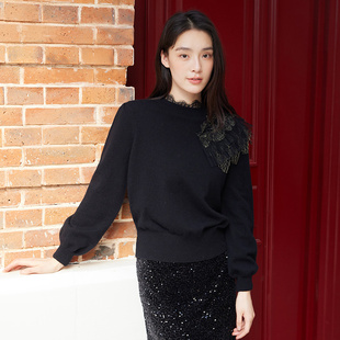 SOMSOM/索玛冬季新品黑色圆领刺绣装饰休闲百搭毛衣针织衫