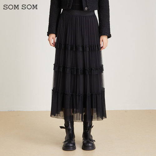 SOMSOM/索玛纱裙女秋季高腰蛋糕裙显瘦中长款大摆网纱半身裙