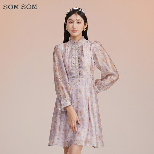 SOMSOM/索玛春季新品精致气质碎花雪纺连衣裙女中长款气质收腰裙